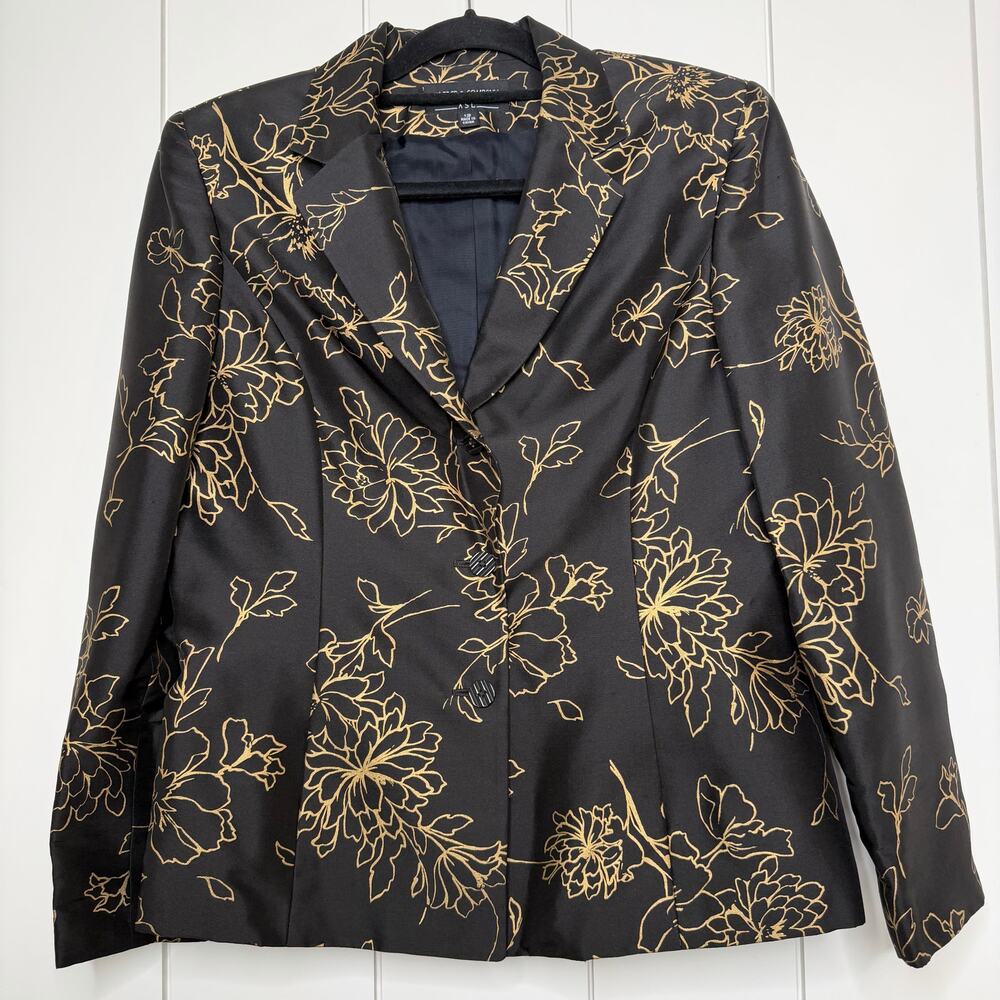 Kasper ASL Silk Floral Jacket Black Gold Women 12
